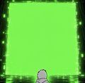 A pixel art style image featuring a small character in the bottom center, surrounded by a large empty green square space bordered by a decorative frame.