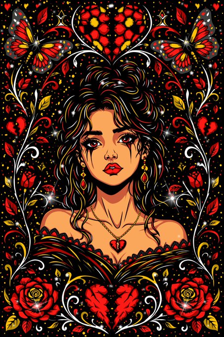 Ornate gothic illustration of a woman with dark hair and red lips, surrounded by red roses, butterflies, a heart, and decorative flourishes on a black background.