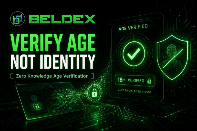 Promotional graphic for BELDEX advertising their 'VERIFY AGE NOT IDENTITY' service, highlighting Zero Knowledge Age Verification with '18+ VERIFIED' and privacy shield icons.