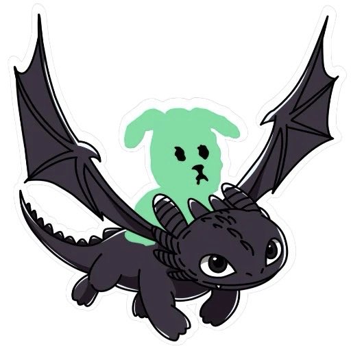 A cartoon illustration of a small black dragon with large purple wings carrying a green dog character with a concerned expression on its back.
