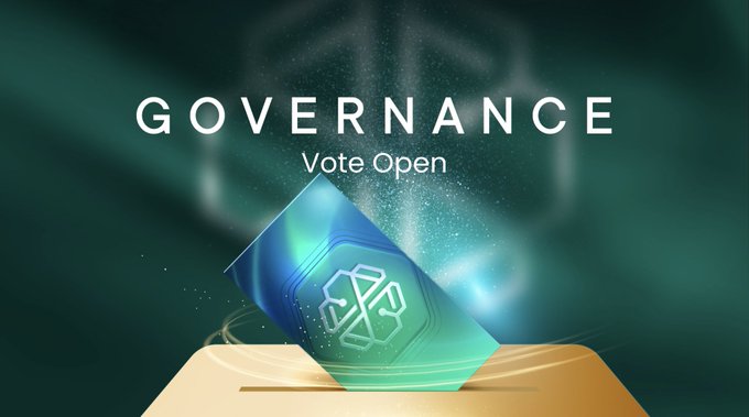 The image features a sleek digital graphic with the bold text "GOVERNANCE - Vote Open" against a glowing teal and dark background, accompanied by an illuminated emblem hovering above a pedestal. The imagery directly supports the post's announcement of a new $BORG governance vote, visually emphasizing the active voting period for the Auto-Invest Price Thresholds feature that follows the community's previous 55% decision.