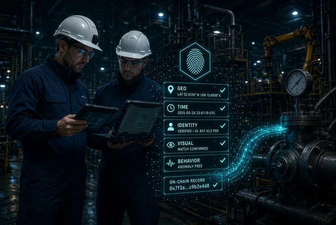 Two workers in hard hats and blue uniforms examine a tablet in an industrial setting, while a futuristic holographic interface displays data fields like "GEO", "TIME", "IDENTITY", "VISUAL", "BEHAVIOR", and "ON-CHAIN RECORD".