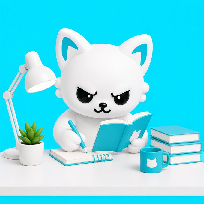 A stern-faced 3D cartoon cat sits at a desk with a lamp, plant, and stack of books, intently writing in a notebook alongside a cat-branded mug, embodying the focused "Learn. Build. Grow." MOEW ethos through its studious workspace.