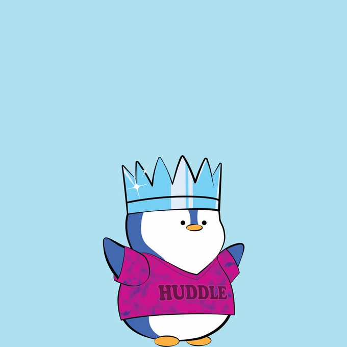 A cartoon penguin mascot wearing a blue spiky crown and a magenta shirt with the text 'HUDDLE' against a light blue background.