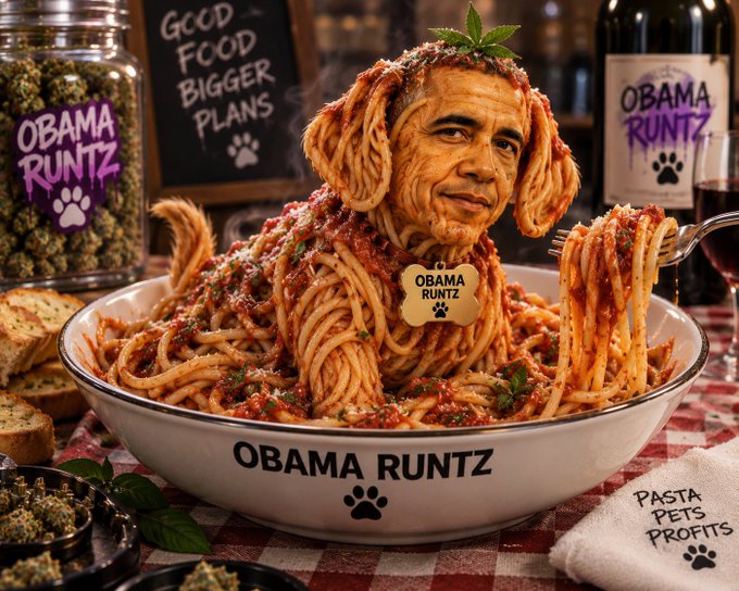 A surreal, AI-generated image depicts former US President Barack Obama's face superimposed onto a dog made of spaghetti in a bowl of pasta, surrounded by jars labeled 'OBAMA RUNTZ' with paw prints.