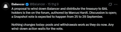 A tweet from Balancer (@Balancer) announcing a proposal to wind down Balancer and distribute the treasury to BAL holders, authored by Marcus Hardt, with a snapshot vote expected between September 25-29.