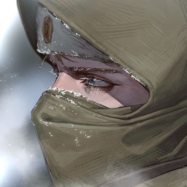 A digital illustration close-up of a hooded figure with a green-olive colored hood/cloak, showing only one blue eye and weathered skin with snow/frost particles scattered around, set against a misty white background.