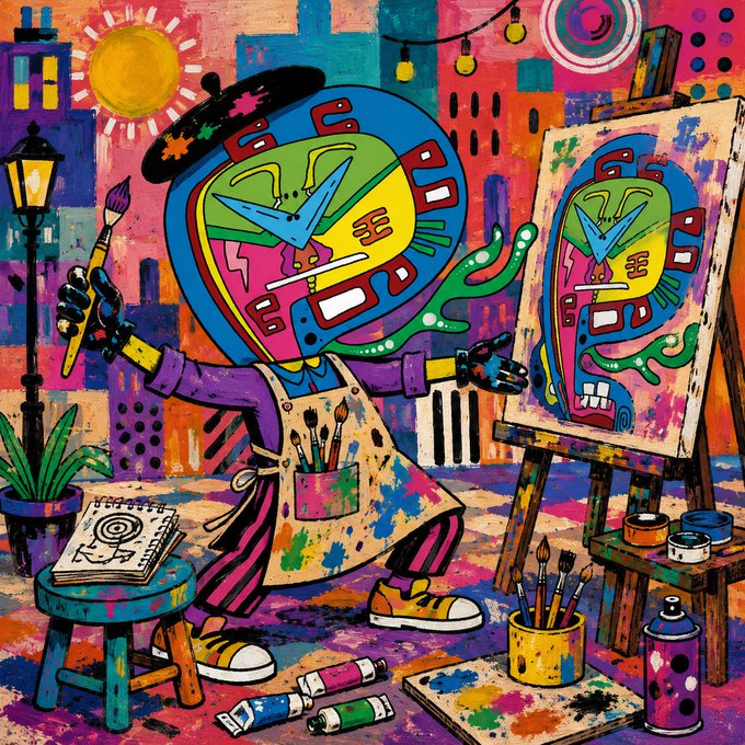 A vibrant, colorful illustration of an artist with a clock-like face painting a self-portrait on an easel in a chaotic, colorful studio filled with art supplies.