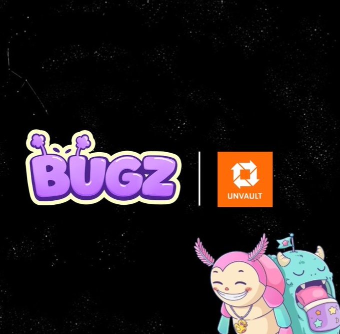 The promotional graphic features the "BUGZ" logo in purple, bubble-style lettering alongside the orange "UNVAULT" square logo with a geometric symbol, set against a starry black background. In the bottom right corner, two cartoon characters—a pink-eared creature and a teal monster wearing a backpack and gold chain—appear, visually representing the BUGZ community. The image illustrates the partnership between the BUGZ ecosystem and UNVAULT's NFT collection, as described in the accompanying announcement.