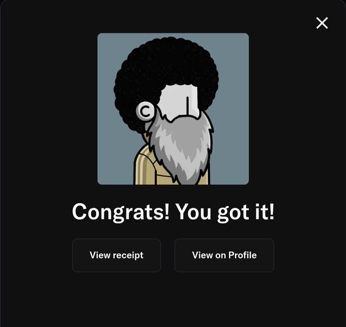 A digital confirmation screen displaying an NFT of a bearded cartoon character with an afro, featuring the text 'Congrats! You got it!' along with 'View receipt' and 'View on Profile' buttons.