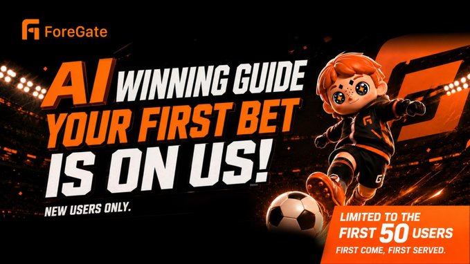 Promotional banner for ForeGate featuring a soccer-themed cartoon mascot kicking a ball, with bold text reading "AI WINNING GUIDE - YOUR FIRST BET IS ON US!" and a limited offer for the first 50 users, directly reinforcing the post's new-user refund campaign.