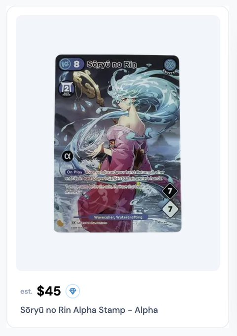 An anime-style trading card titled 'Sōryū no Rin' featuring a character with flowing blue hair and text indicating 'Wavecaller, Watercrafting', valued at an estimated $45.