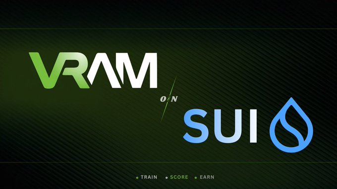 The image features a logo for a company named @vram_network that focuses on decentralized AI infrastructure. The logo includes two blue letters "sui" positioned side by side with a green line running through them, creating an interesting visual contrast. Below the logo, there is text that reads "How's everyone's day going fam? Another day, another reminder that @vram_network isn't building just another AI project. They're building decentralized AI infrastructure on $Sui where everyday GPU users can help train AI models, earn onchain rewards, and power the future of". The image is designed to draw attention to the company's mission and the importance of supporting AI projects in a more accessible way for everyone.