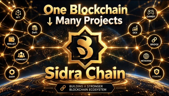 A promotional graphic for Sidra Chain features the tagline "One Blockchain ↓ Many Projects" and highlights its ecosystem with icons for NFT, DeFi, DEX, GameFi, Bridge, Metaverse, Staking, DApp, Community, and Wallet. The central gold "S" logo is labeled "Sidra Chain," with a bottom banner reading "Building a stronger blockchain ecosystem," visually reinforcing the post's message about SidraChain as a versatile, all-in-one platform.