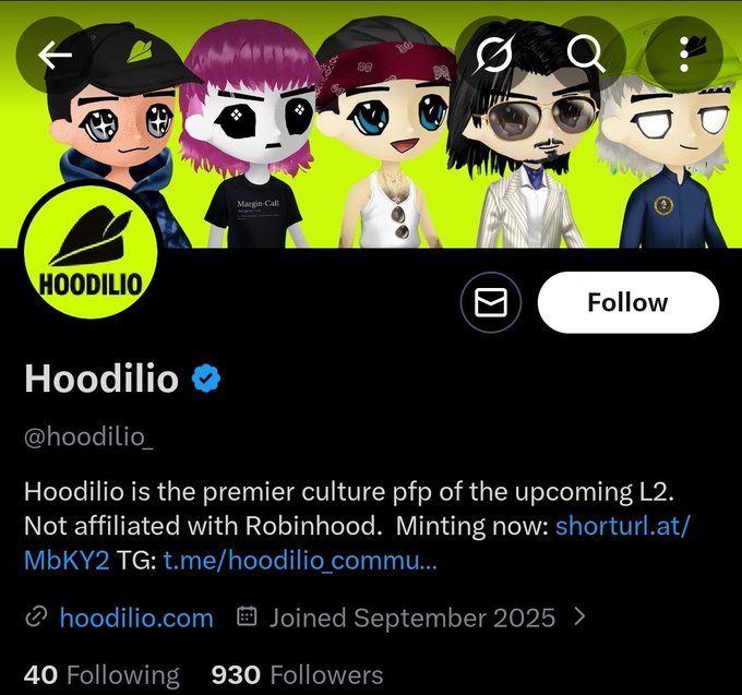 A Twitter/X profile for "Hoodilio" (@hoodilio_), a verified NFT/crypto PFP project featuring cartoon avatars, with 930 followers and a bio promoting it as "the premier culture pfp of the upcoming L2," while noting it's unaffiliated with Robinhood and joined in September 2025—connecting to the post's nostalgic recollection of the project being an early Robinhood Chain launch.