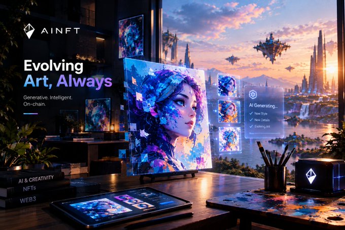 An advertisement for AINFT featuring the headline 'Evolving Art, Always' with subtitle 'Generative. Intelligent. On-chain.' A digital portrait on a screen is surrounded by UI elements labeled 'AI Generating...' with 'New Style', 'New Details', and 'Evolving Art' options.