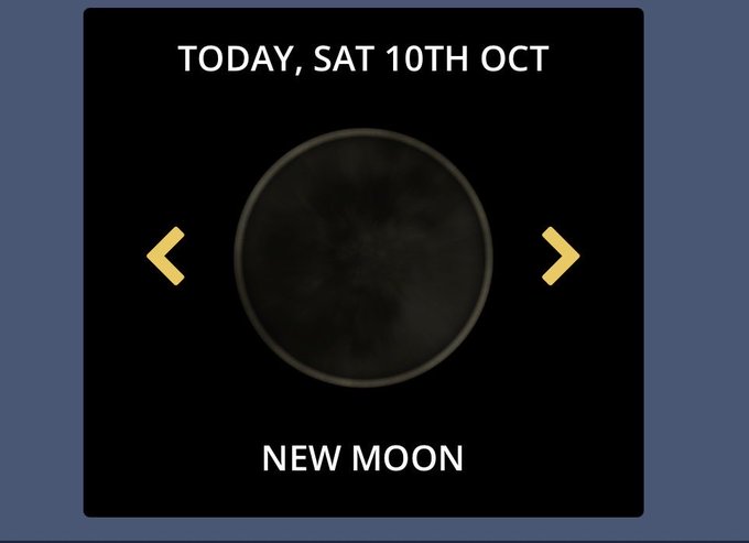 A moon phase widget displays a dark "NEW MOON" with the text "TODAY, SAT 10TH OCT," which aligns with the poster's observation about the new moon coinciding with 10/10, supporting their prediction of a bull trap before a selloff in Bitcoin.