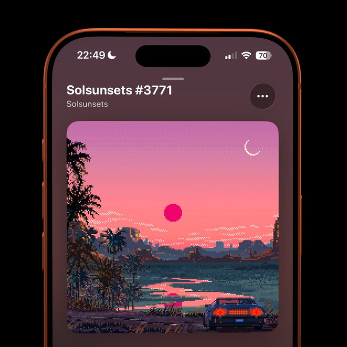 An iPhone displaying the 'Solsunsets #3771' NFT collection on a screen, featuring a pink and purple pixelated sunset scene with a car in the foreground.