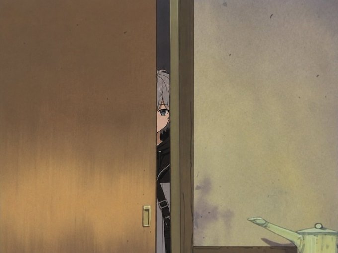 An anime character with silver hair peeks through a slightly open door in a dimly lit room with a kettle visible.