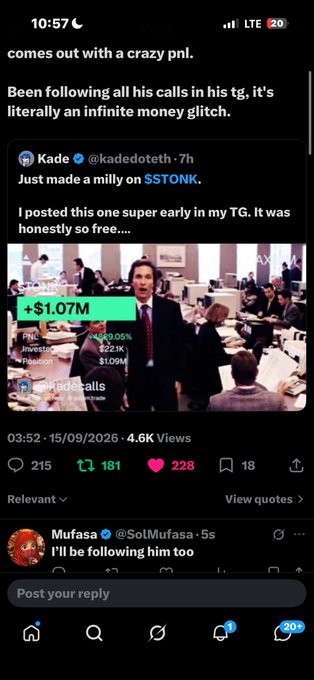 A screenshot of a social media post on X showing a user promoting crypto/stock trading calls, with text claiming 'Just made a milly on $STONK' and a video clip showing a +$1.07M profit screenshot from what appears to be a trading account (@kadecalls).