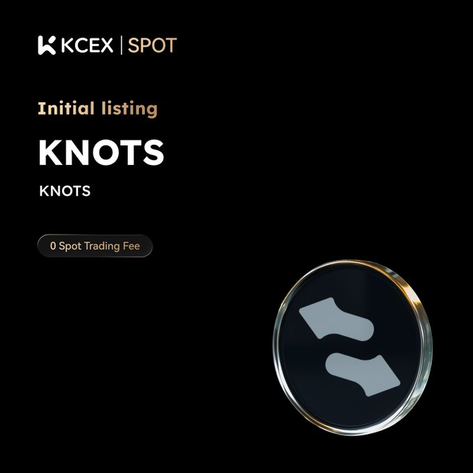 An announcement for the initial spot listing of KNOTS on KCEX with 0 spot trading fee.