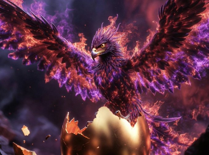 A vibrant digital artwork of a phoenix-like bird with outstretched wings, enveloped in purple and red flames, emerging from a golden egg against a dark, cosmic background.