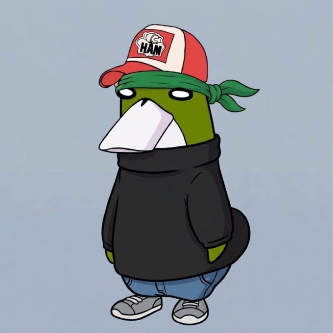 A cartoon illustration of a pigeon character wearing a red 'HAM' baseball cap, green bandana, black hoodie, and blue jeans.