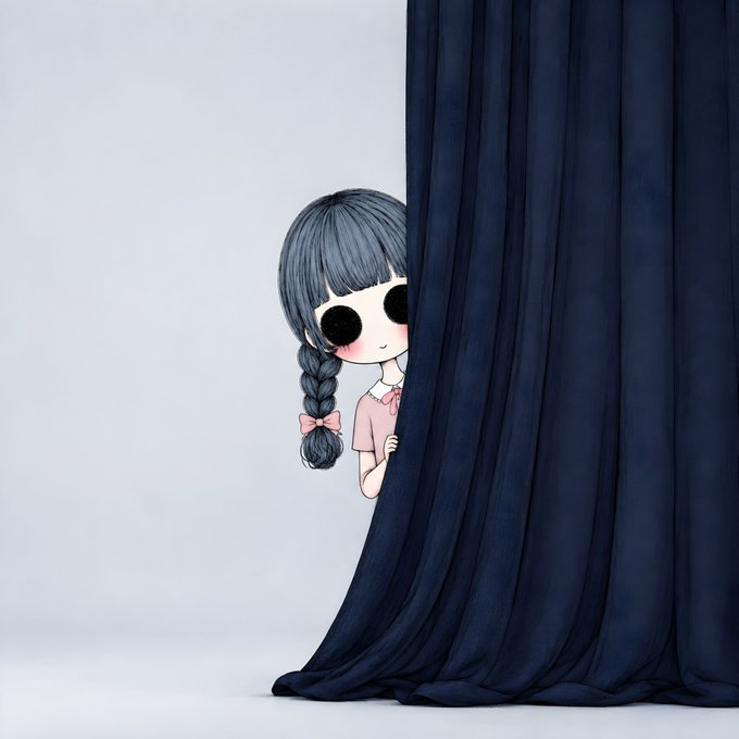 An illustration of a cute anime-style girl with large black eyes and a long braid peeking out from behind a dark blue curtain.
