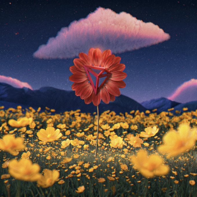 A red TRON logo flower rises above a vibrant field of yellow blooms beneath a pink-tinged cloud and starry sky, symbolizing how TRON DAO's blockchain infrastructure helps financial access bloom across borders, untethered by geographic limitations.