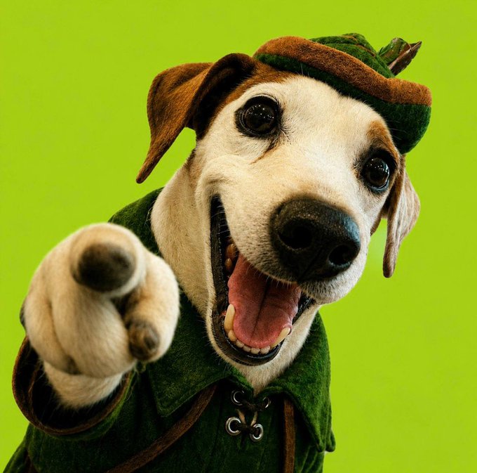 A Jack Russell terrier wearing a green Robin Hood-style hat and tunic, smiling with its tongue out and pointing at the camera against a bright green background.