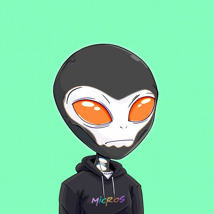 A digital illustration of an alien character with a large gray head, orange eyes, and gray skin, wearing a black hoodie that says "MicroS" in colorful letters against a light green background.