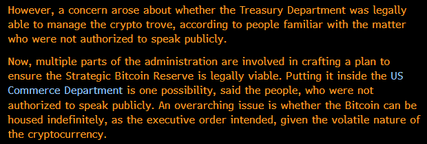 News text discussing concerns about the Treasury Department's legal authority over the Strategic Bitcoin Reserve and the US Commerce Department as a possible alternative custodian.
