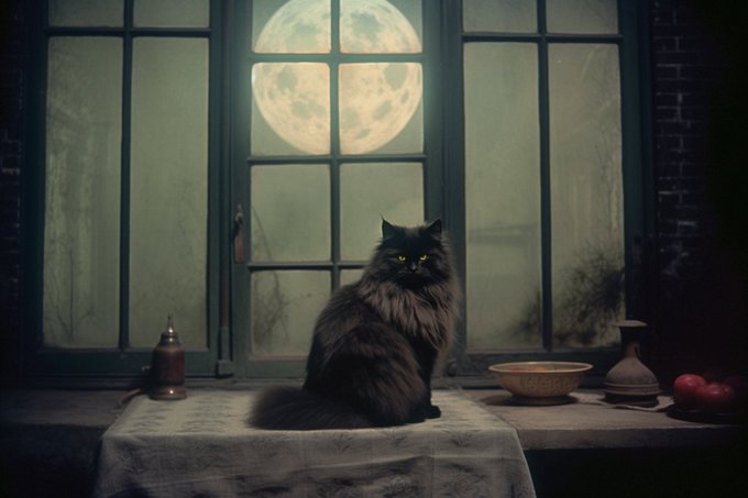 An atmospheric image depicts a long-haired black cat sitting on a white cloth-covered surface in front of a multi-paned window, with a large full moon glowing in the sky behind it.