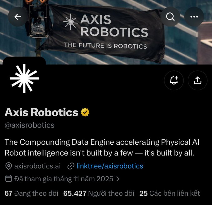 A Twitter/X profile page for 'Axis Robotics' (@axisrobotics) showing a banner that reads 'THE FUTURE IS ROBOTICS', with bio text describing it as 'The Compounding Data Engine accelerating Physical AI' and 65,427 followers.