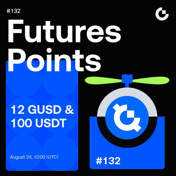 A promotional graphic for Gate Futures Points Airdrop #132, featuring a blue and black design with text highlighting "12 GUSD & 100 USDT" rewards, scheduled for August 24 at 10:00 UTC. The image includes the Gate.io logo styled as a spinning coin and matches the post's details about the upcoming airdrop event.