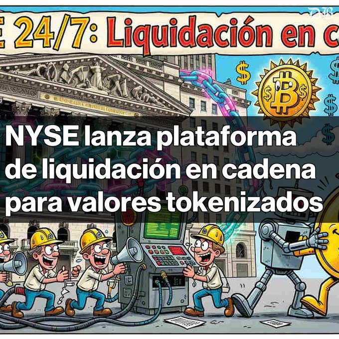 A colorful illustration with the Spanish text "NYSE lanza plataforma de liquidación en cadena para valores tokenizados" featuring Bitcoin imagery and cartoon characters at the New York Stock Exchange building.