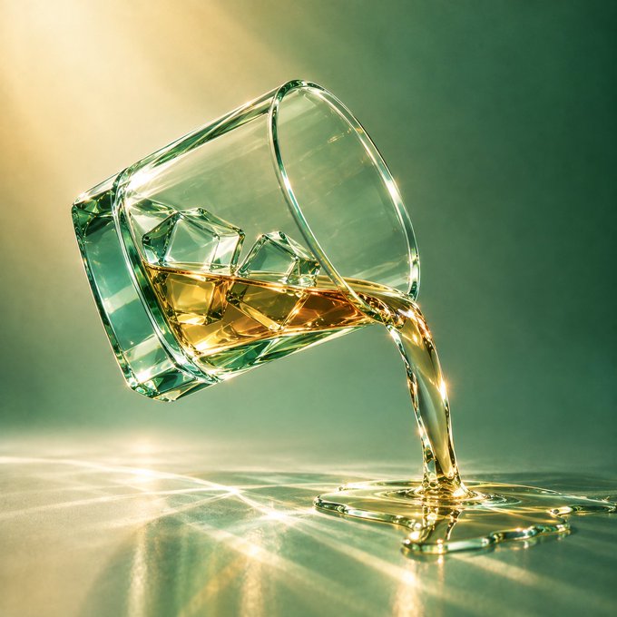 A 3D-rendered image of a glass with ice cubes spilling golden liquid (whiskey or similar) onto a reflective green surface.
