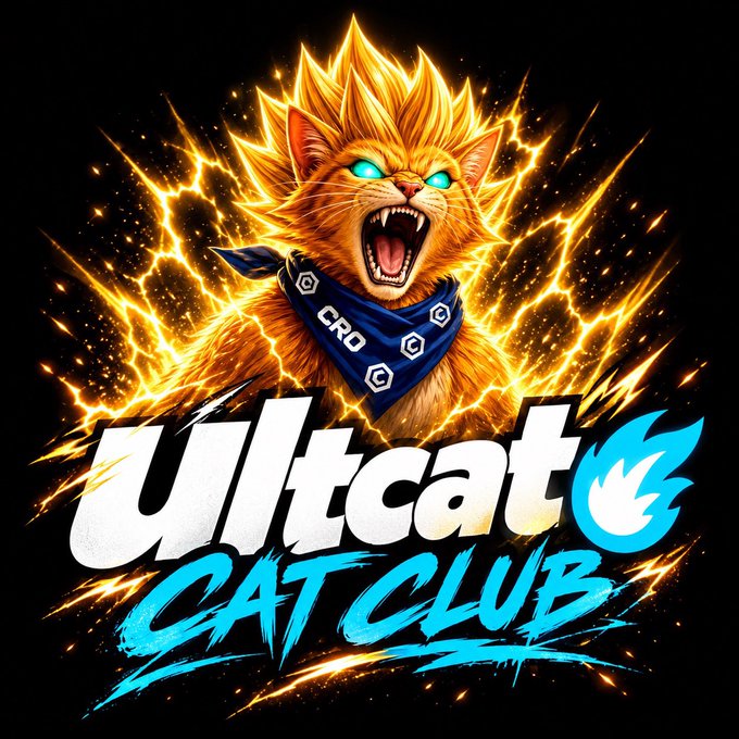 A fierce, lightning-wreathed orange cat with glowing teal eyes roars above the stylized text "Ultcat CAT CLUB," while wearing a blue bandana labeled "CRD," visually embodying the energetic, early-stage community hype described in the $ULTCAT promotional message.