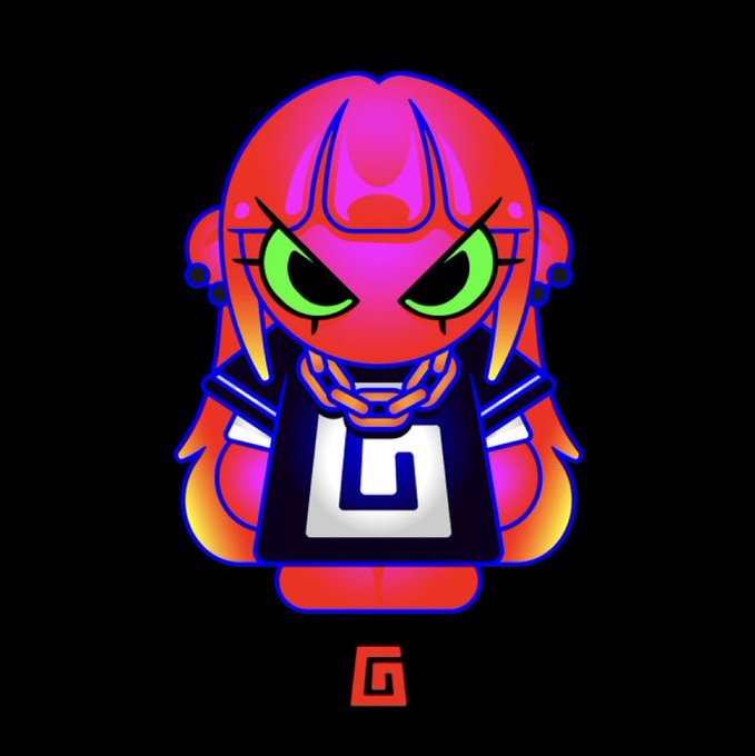 A neon-styled cartoon character illustration featuring a pink/red hooded figure with green eyes, chains, and a large letter "G" logo on its chest, set against a black background.