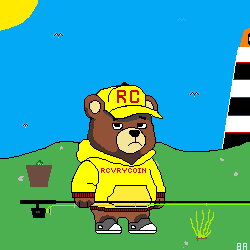 The image features a cartoon bear wearing a yellow jacket, standing next to a fishing rod with a plant nearby. The background of the image shows a blue sky with birds flying around. There are also some text elements present in the image that read "RCWYCOIN" and "@LaunchMyNFT".