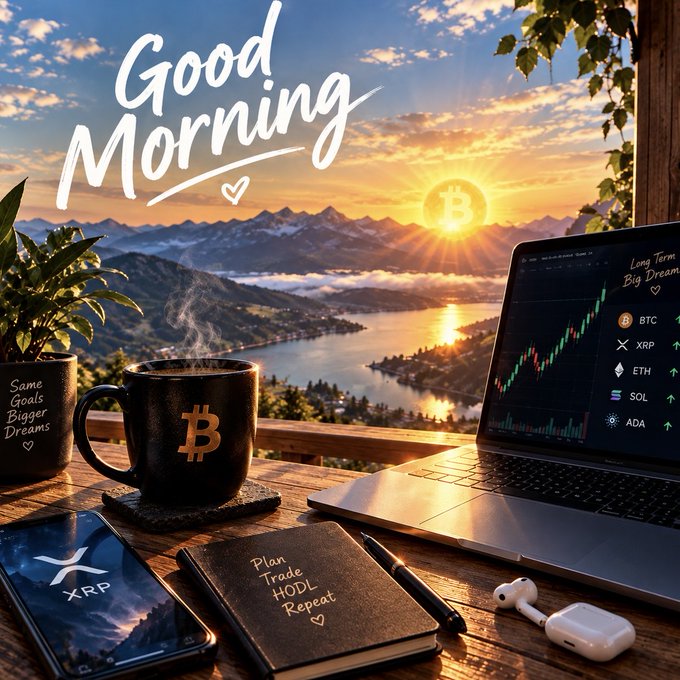 A digital composite image with "Good Morning" text over a mountain lake sunrise scene, featuring a Bitcoin-themed coffee mug, an XRP phone, a notebook reading "Plan Trade HODL Repeat", and a laptop showing crypto charts with BTC, XRP, ETH, SOL, and ADA tickers.