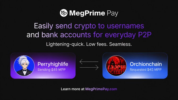 A promotional graphic for MegPrime Pay showcases a peer-to-peer crypto transaction where "Perryhighlife" is sending $45 MPP to "Orchionchain," highlighting the platform's username-based payment system. The ad emphasizes "Lightning-quick. Low fees. Seamless." transfers, aligning with the post's message about simplifying crypto payments by eliminating long wallet addresses.