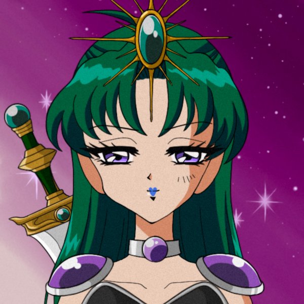 An anime-style female character with long green hair, purple eyes, a green jewel headpiece, and a sword hilt visible behind her shoulder.