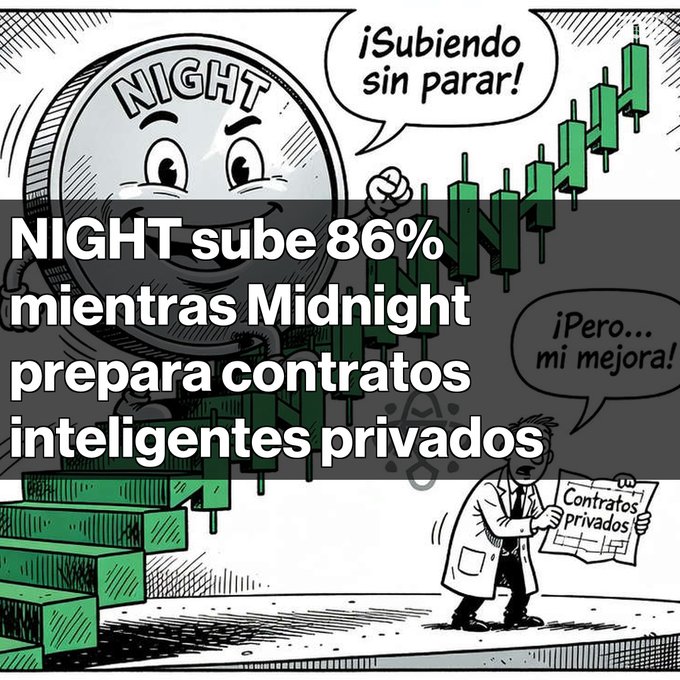 A Spanish-language graphic about cryptocurrency with text reading 'NIGHT sube 86% mientras Midnight prepara contratos inteligentes privados' alongside cartoon figures.