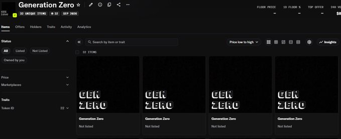 A screenshot of a digital marketplace interface showing 'Generation Zero' NFT items with prices filtered by low to high, displaying 32 items all marked as 'Not listed'.