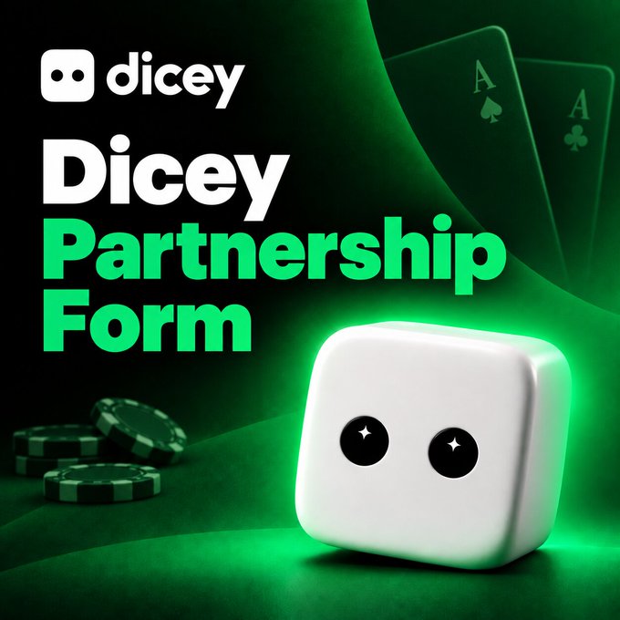 A promotional graphic for the "Dicey Partnership Form" featuring the Dicey logo, a cute white dice mascot, playing cards, and poker chips against a green background — contrasting sharply with the post's skeptical tone about Dicey recruiting creators, which warns the partnership opportunity may lead to another slow rug pull similar to how $ME stakers were once promised VIP treatment in the ecosystem.