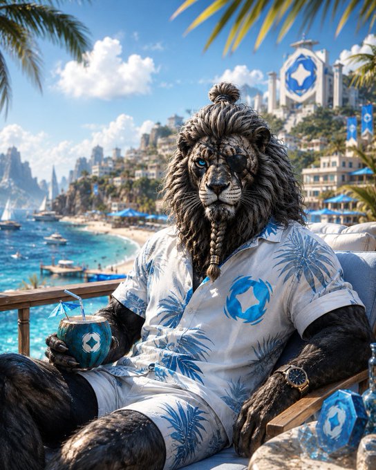 An anthropomorphic lion with a braided mane lounges in a tropical resort setting, wearing a white Hawaiian shirt and shorts printed with blue palm trees and a star logo, while holding a blue coconut drink with a straw.