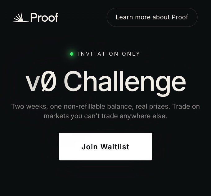 The image shows a black background with white text that reads "invitation only" followed by "v0 challenge", which appears to be an invitation for people to join a trading challenge or contest related to Bitcoin. The text also mentions that there are two weeks left, and it encourages participants to join the waitlist.