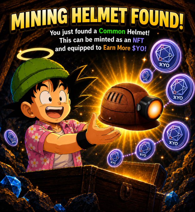 A promotional graphic titled "MINING HELMET FOUND!" showing a cartoon boy discovering a Common NFT helmet that can be equipped to "Earn More $YO", with XYO token icons floating around.