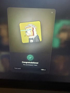 A screen displaying a 'Congratulations!' message indicating a purchase of 1 item for $29, featuring a cartoon character avatar.